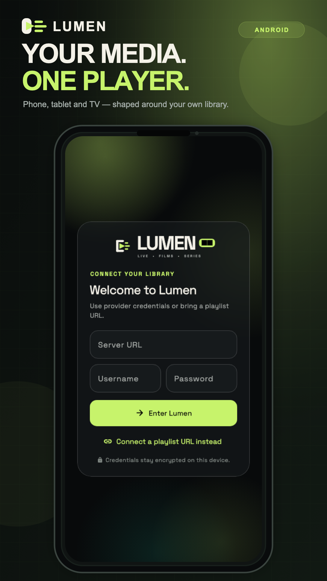 Lumen mobile welcome screen in a branded campaign frame