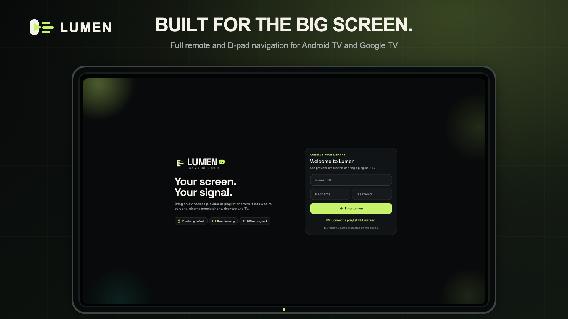 Lumen Android TV welcome screen in a branded campaign frame